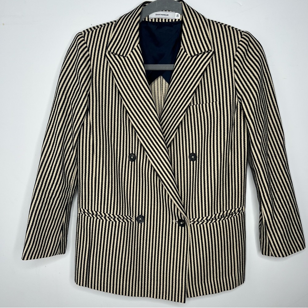 Douchanglee Navy Cream Pinstripe Cotton Blazer Women’s Size 38 2-4 US